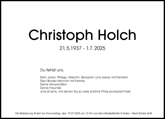 Traueranzeige von Christoph Holch von Allgemeine Zeitung Mainz