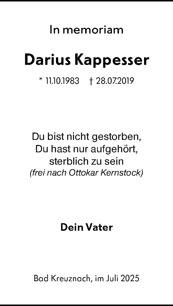 Traueranzeige von Darius Kappesser von Allgemeine Zeitung Rheinhessen-Nahe
