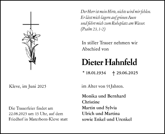 Traueranzeige von Dieter Hahnfeld von Wetzlarer Neue Zeitung