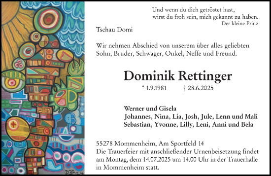Traueranzeige von Dominik Rettinger von Allgemeine Zeitung Mainz