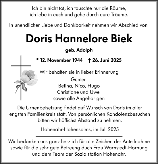 Traueranzeige von Doris Hannelore Biek von Wetzlarer Neue Zeitung