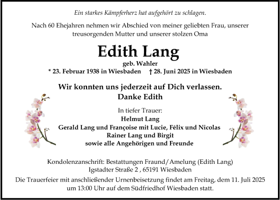 Traueranzeige von Edith Lang von Wiesbadener Kurier