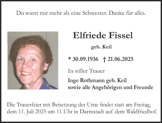 Traueranzeige von Elfriede Fissel von Darmstädter Echo