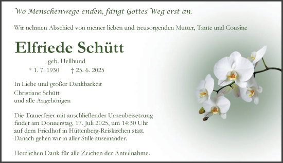 Traueranzeige von Elfriede Schütt von Wetzlarer Neue Zeitung