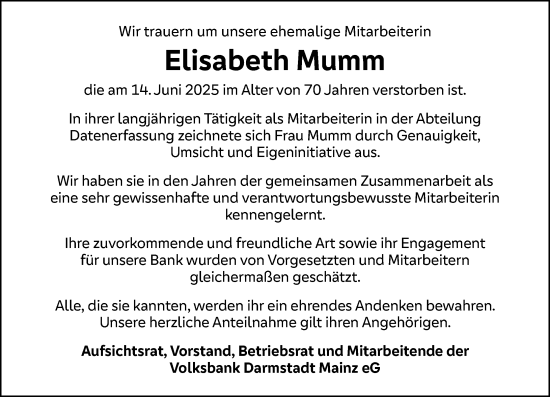 Traueranzeige von Elisabeth Mumm von Allgemeine Zeitung Mainz