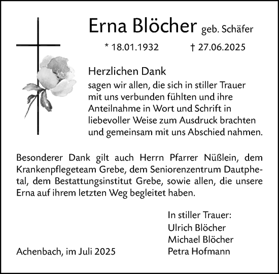 Traueranzeige von Erna Blöcher von Hinterländer Anzeiger