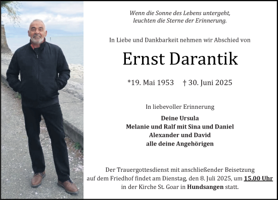 Traueranzeige von Ernst Darantik von Nassauische Neue Presse