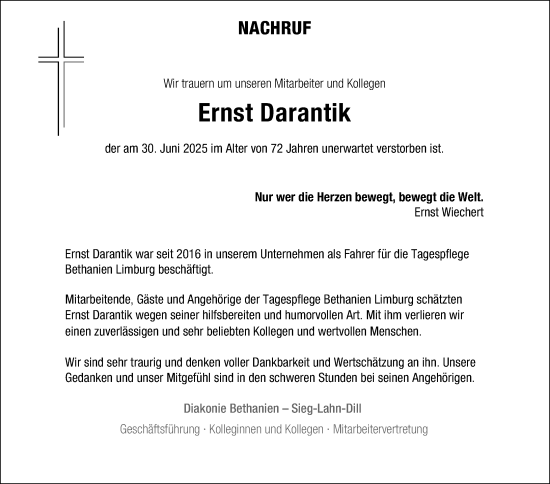 Traueranzeige von Ernst Darantik von Nassauische Neue Presse
