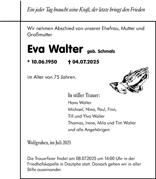 Traueranzeige von Eva Walter von Hinterländer Anzeiger