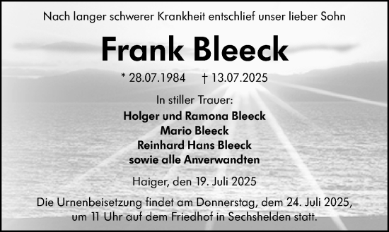 Traueranzeige von Frank Bleeck von Dill Block