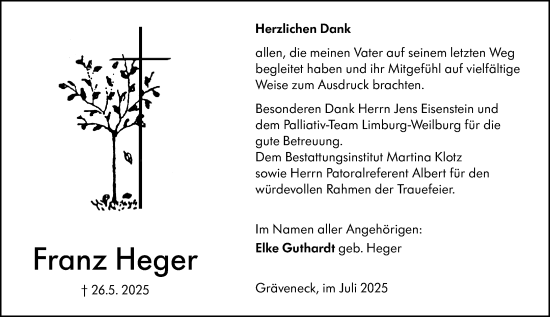 Traueranzeige von Franz Heger von Weilburger Tageblatt
