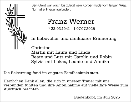 Traueranzeige von Franz Werner von Hinterländer Anzeiger