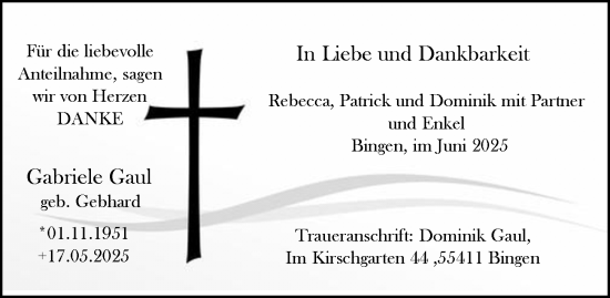 Traueranzeige von Gabriele Gaul von Binger-/Ingelheimer Wochenblatt
