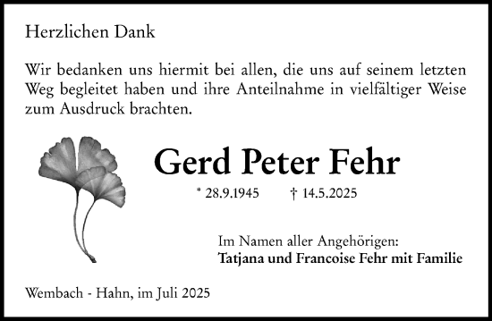 Traueranzeige von Gerd Peter Fehr von Darmstädter Echo