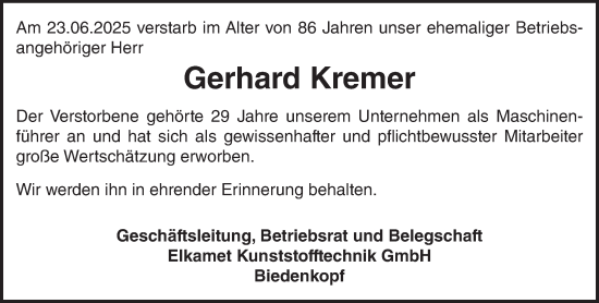 Traueranzeige von Gerhard Kremer von Hinterländer Anzeiger