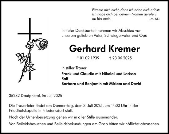 Traueranzeige von Gerhard Kremer von Hinterländer Anzeiger