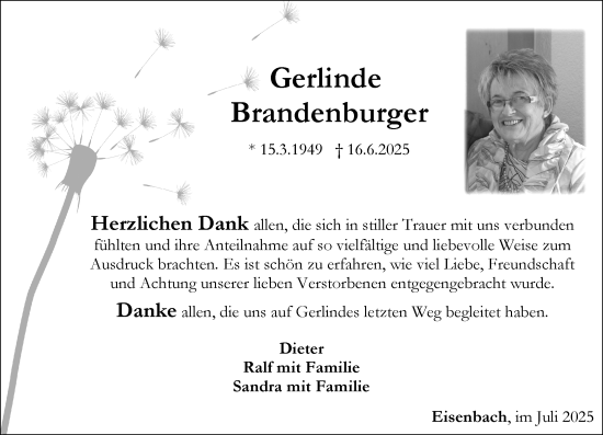 Traueranzeige von Gerlinde Brandenburger von Camberger Anzeiger