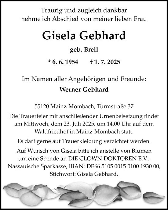 Traueranzeige von Gisela Gebhard von Allgemeine Zeitung Mainz