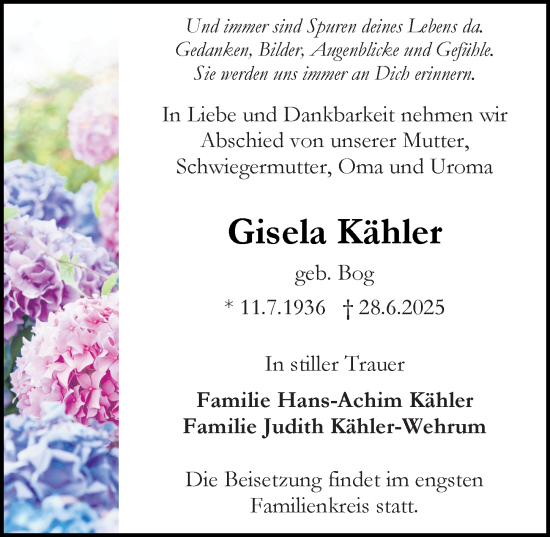 Traueranzeige von Gisela Kähler von Rüsselsheimer Echo