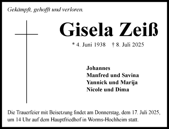 Traueranzeige von Gisela Zeiß von Wormser Zeitung