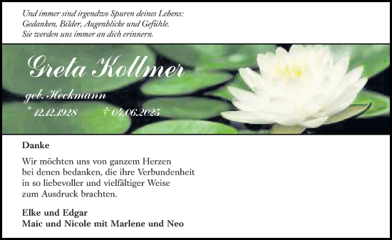 Traueranzeige von Greta Kollmer von Odenwälder Echo
