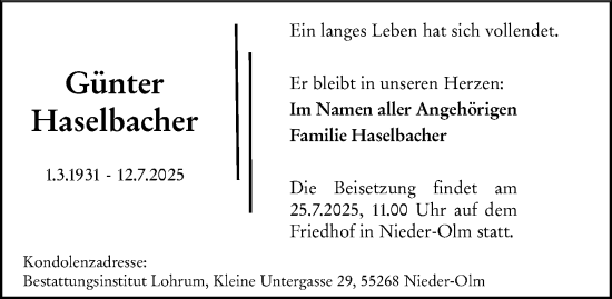 Traueranzeige von Günter Haselbacher von Allgemeine Zeitung Mainz