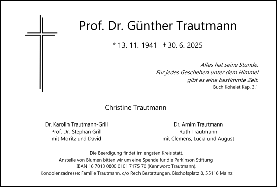 Traueranzeige von Günther Trautmann von Allgemeine Zeitung Mainz