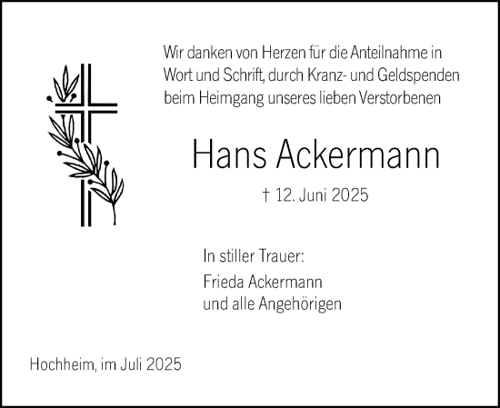 Traueranzeige von Hans Ackermann von Allgemeine Zeitung Mainz
