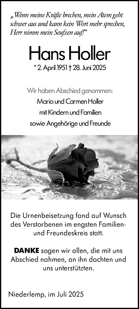 Traueranzeige von Hans Holler von Dill Block