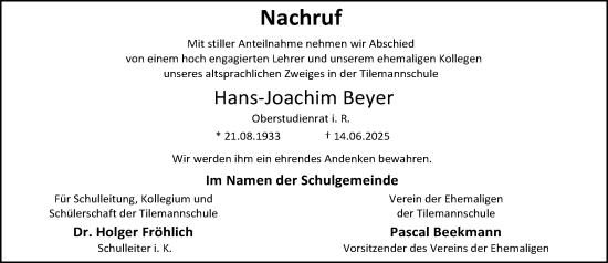 Traueranzeige von Hans-Joachim Beyer von Nassauische Neue Presse