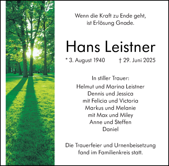 Traueranzeige von Hans Leistner von Camberger Anzeiger