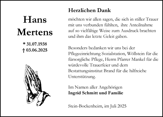 Traueranzeige von Hans Mertens von Allgemeine Zeitung Alzey