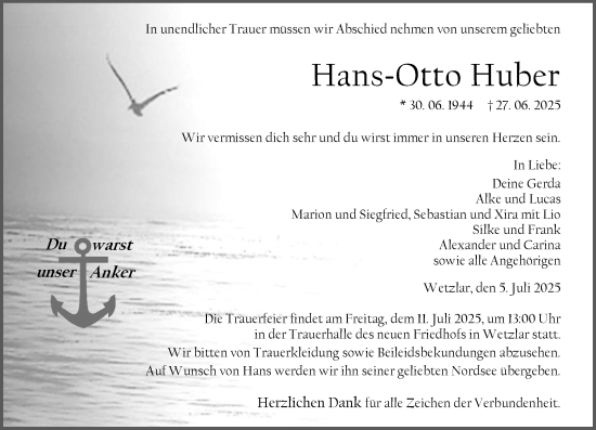 Traueranzeige von Hans-Otto Huber von Weilburger Tageblatt