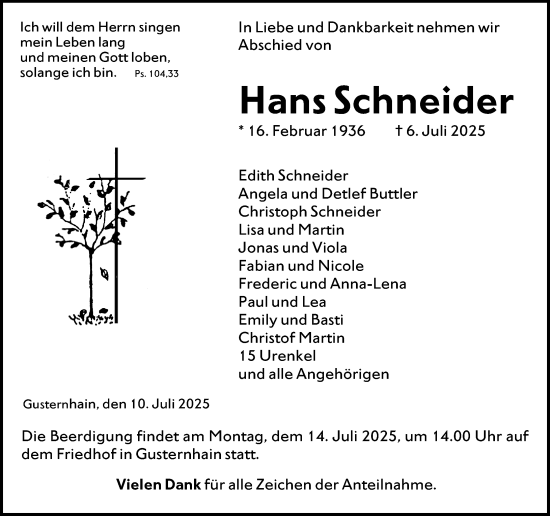 Traueranzeige von Hans Schneider von Dill Block