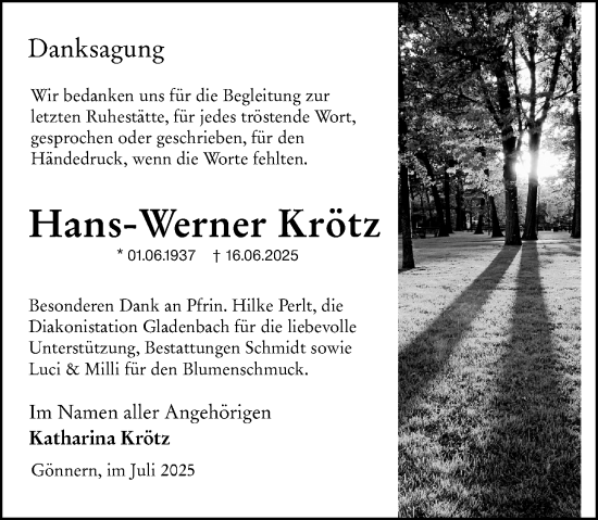 Traueranzeige von Hans-Werner Krötz von Hinterländer Anzeiger
