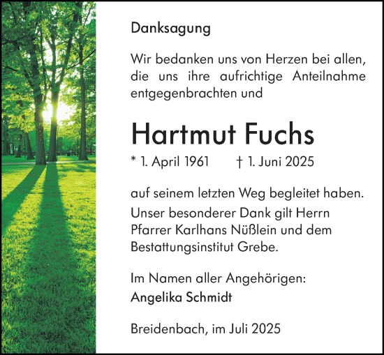 Traueranzeige von Hartmut Fuchs von Hinterländer Anzeiger