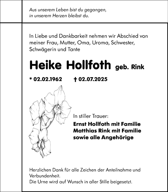 Traueranzeige von Heike Hollfoth von Wetzlarer Neue Zeitung