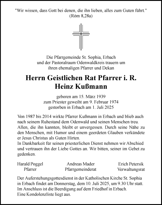 Traueranzeige von Heinz Kußmann von Odenwälder Echo