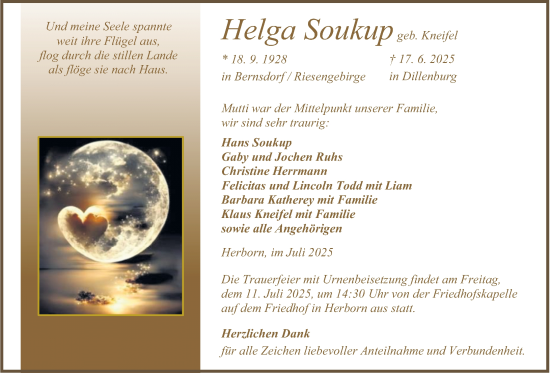 Traueranzeige von Helga Soukup von Dill Block