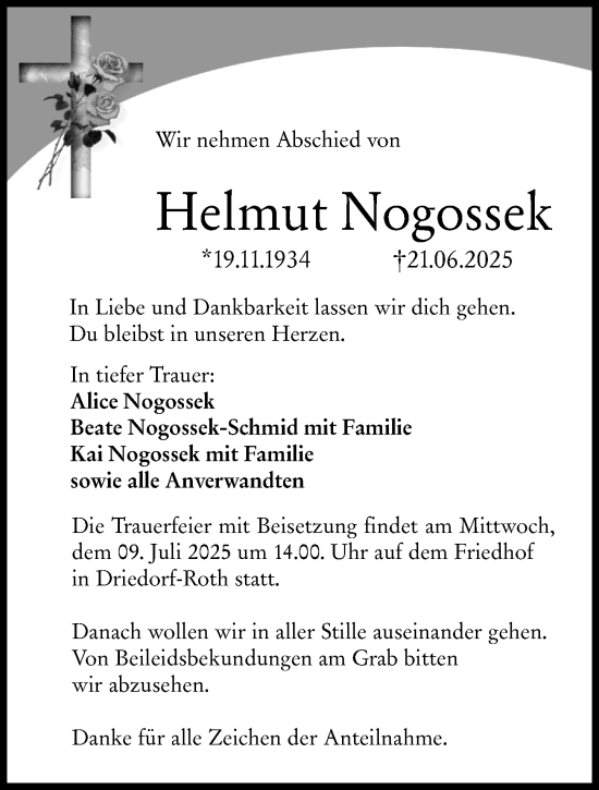 Traueranzeige von Helmut Nogossek von Dill Block