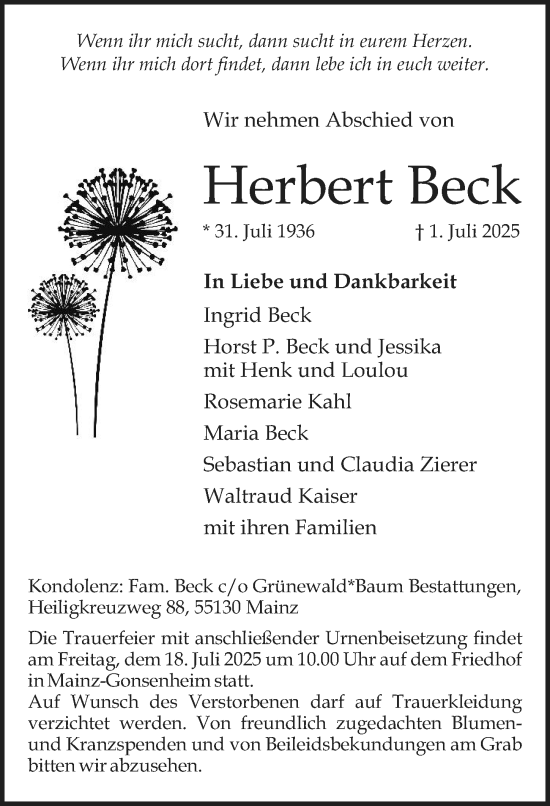 Traueranzeige von Herbert Beck von Allgemeine Zeitung Mainz