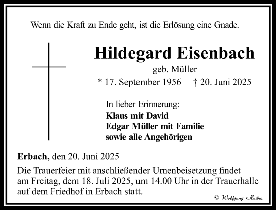 Traueranzeige von Hildegard Eisenbach von Camberger Anzeiger