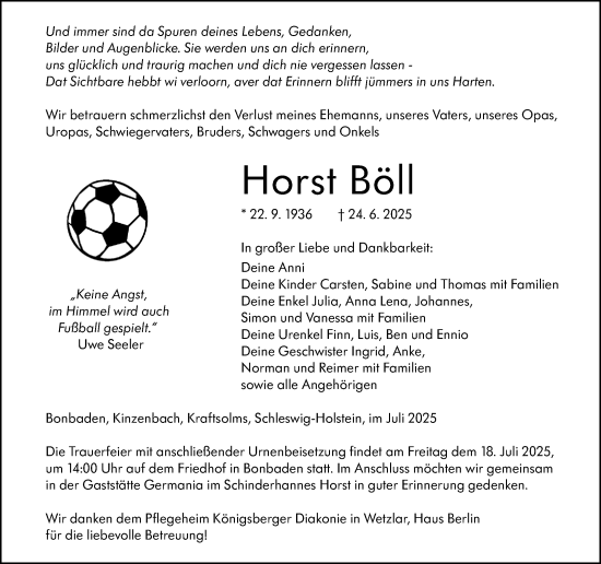 Traueranzeige von Horst Böll von Wetzlarer Neue Zeitung
