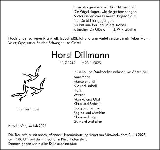 Traueranzeige von Horst Dillmann von Weilburger Tageblatt