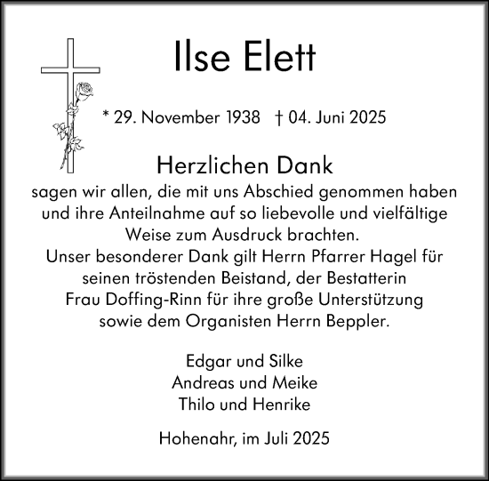 Traueranzeige von Ilse Elett von Weilburger Tageblatt