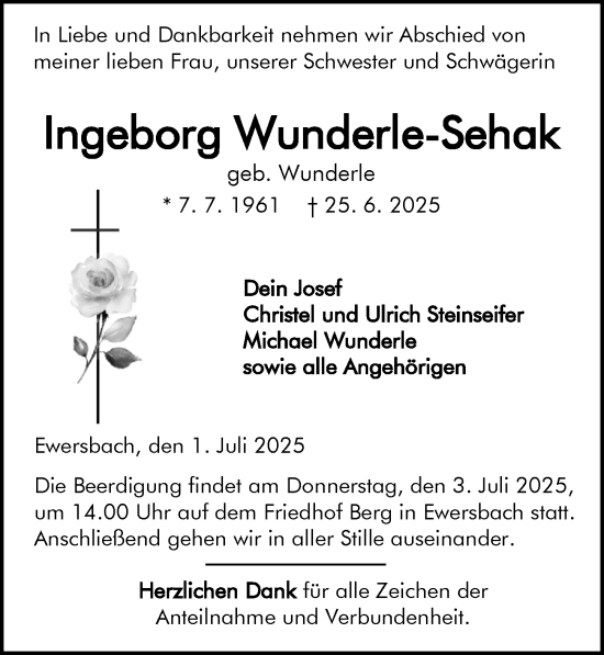 Traueranzeige von Ingeborg Wunderle-Sehak von Dill Block