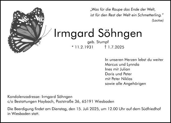 Traueranzeige von Irmgard Söhngen von Wiesbadener Kurier