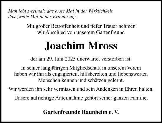 Traueranzeige von Joachim Mross von Rüsselsheimer Echo