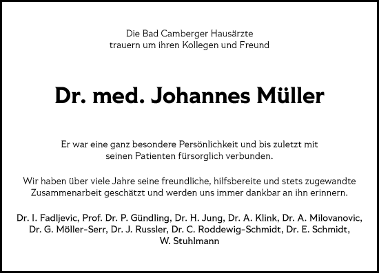 Traueranzeige von Johannes Müller von Camberger Anzeiger