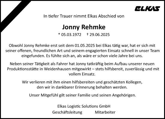 Traueranzeige von Jonny Rehmke von Hinterländer Anzeiger